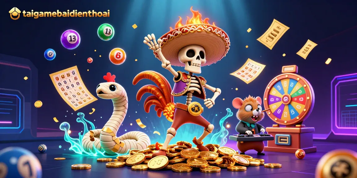 Win big with the taigamebaidienthoai casino scene featuring colorful lottery balls and golden coins.