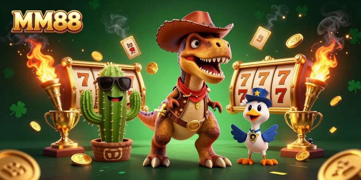 Experience the fun and excitement of MM88 with cartoon T-Rex and colorful casino elements.