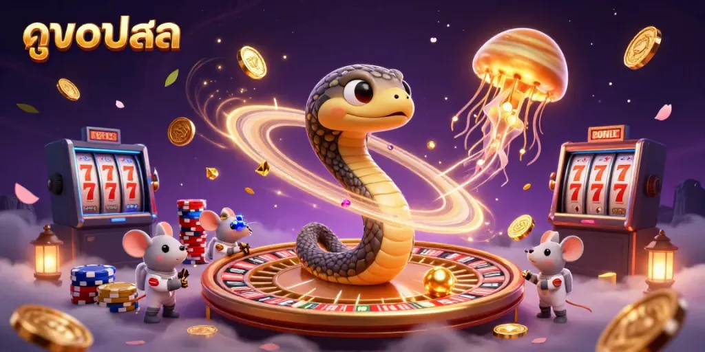 Experience thrilling ดูบอลสด action with cosmic snake roulette and astronaut mice betting in a vibrant casino scene.