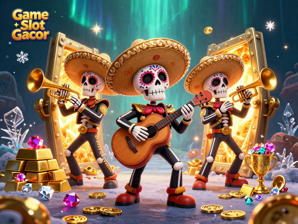 Engage in the excitement of Game Slot Gacor with vibrant 3D mariachi elements and a treasure-filled scene.
