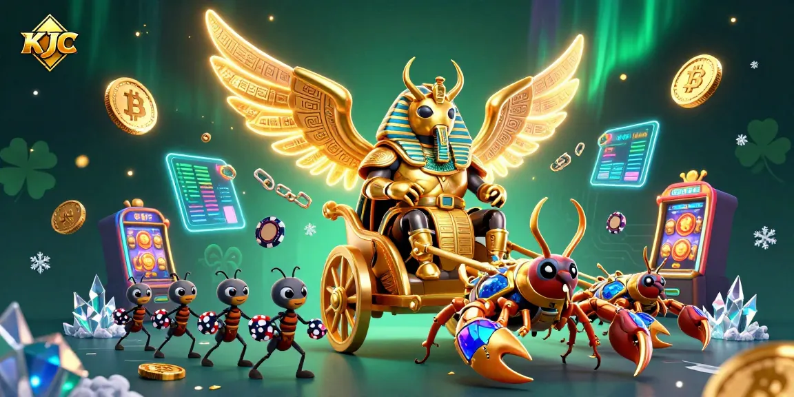 Experience KJC's vibrant casino world with a colossal scarab and jewel-encrusted scorpions, surrounded by Bitcoin and Ethereum coins.