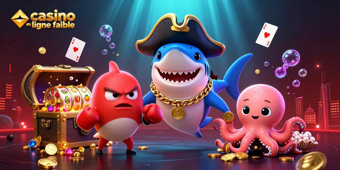 Illustration dynamique de casino en ligne fiable montrant un requin pirate et un poisson-globe avec des pièces d'or