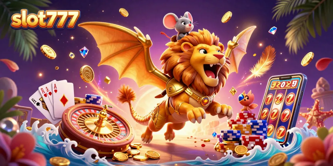 Engage with slot777 as a chimera roars triumphantly amid cascading coins and sparkling gems in a vibrant casino scene.
