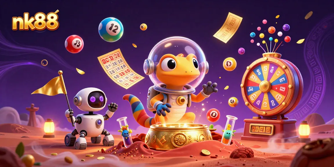 Explore winning strategies on nk88 with vibrant casino-themed illustration featuring Martian gecko.