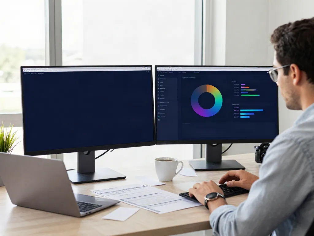 Tax software for multiple locations displayed on dual monitors in a modern office setting.