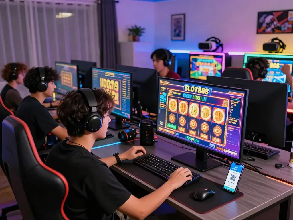 Exciting slot gacor hari ini experience with players celebrating wins in a vibrant online gaming setup.