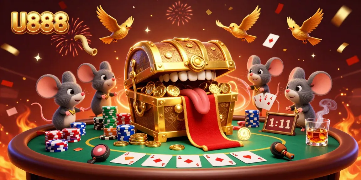 Join U888 in a thrilling poker showdown amidst a vibrant casino atmosphere.