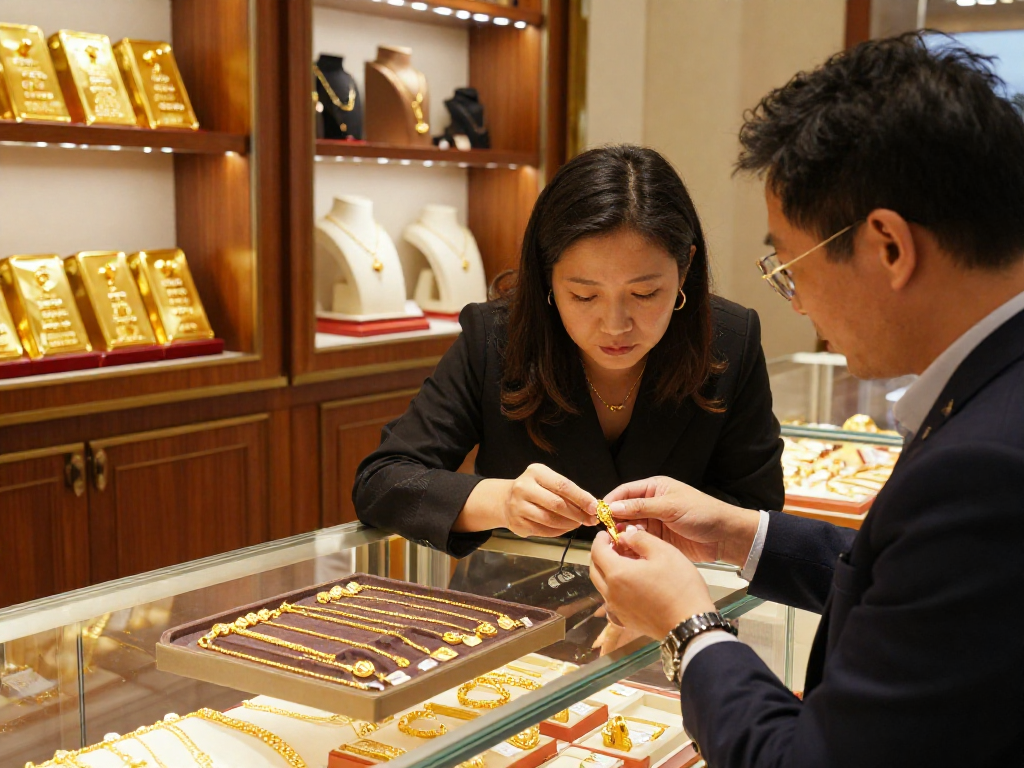 Customer exploring gold jewelry at mantra88, showcasing luxury and trust.