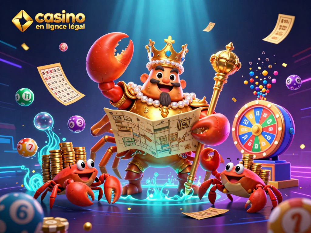 Visitez le casino en ligne français légal avec l'empereur crabe et des ballons colorés en scène dynamique