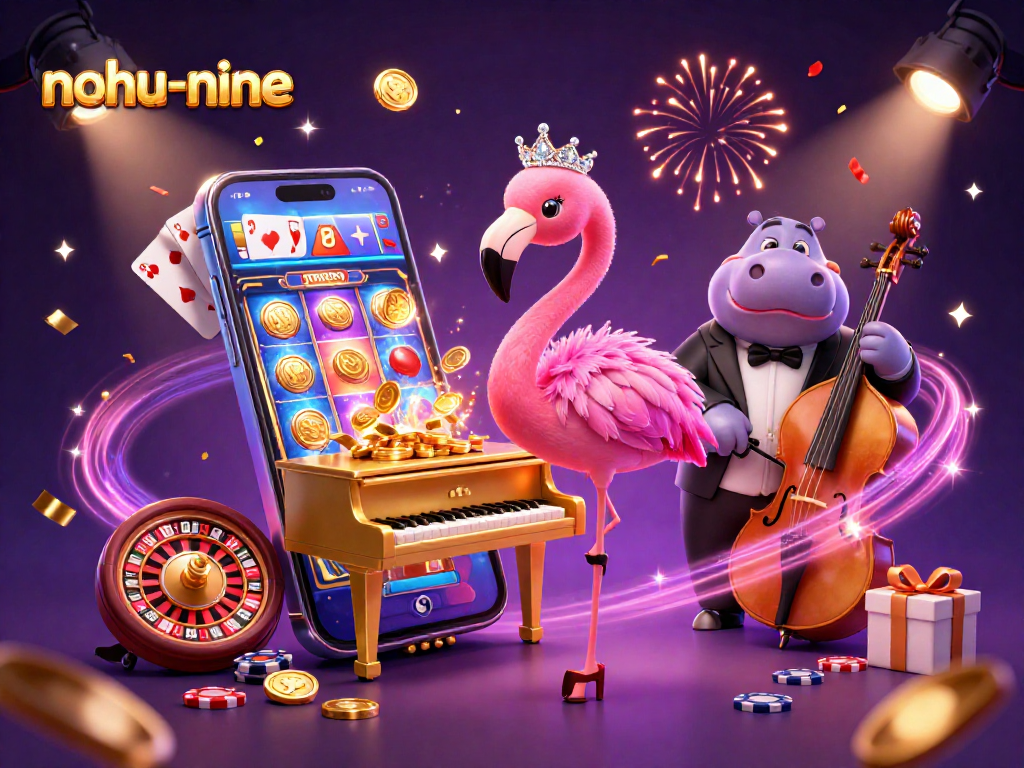 Engaging scene of nohu-nine featuring a flamingo singer, hippo bassist, and colorful casino elements, celebrating gaming excitement.