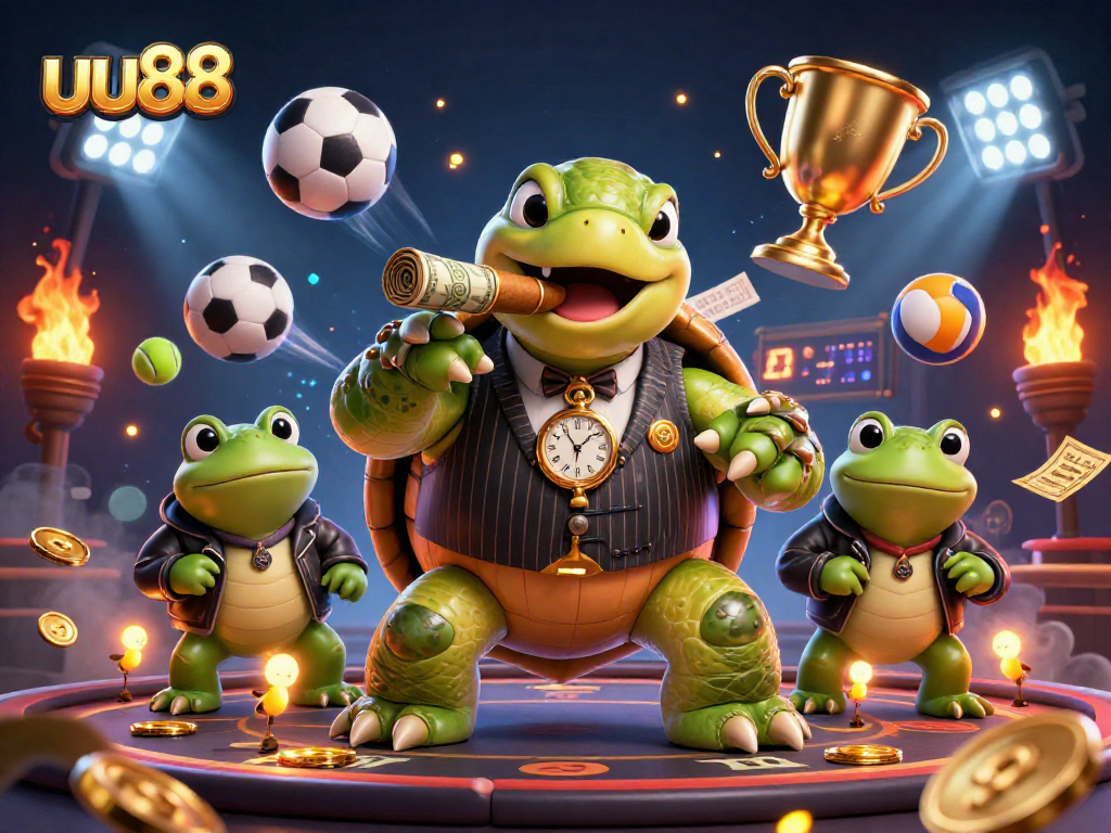 uu88 features a massive turtle gangster and bullfrog enforcers celebrating sports betting wins in a vibrant casino scene.