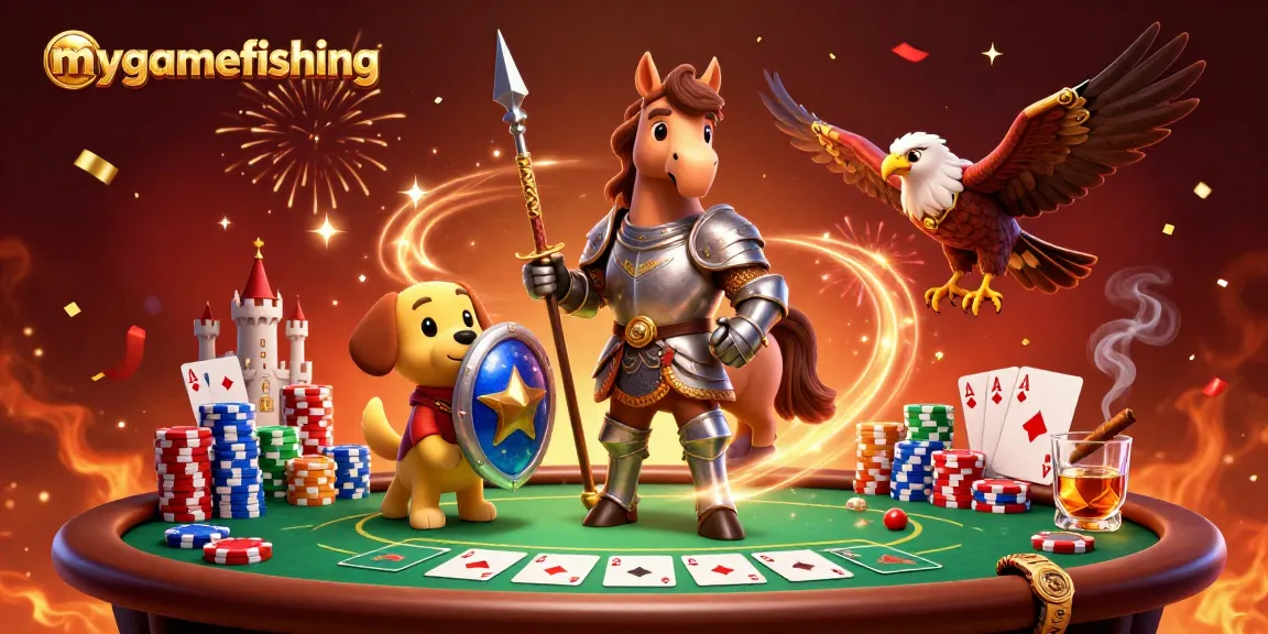 Join the fun at mygamefishing with a vibrant poker scene, complete with knights and confetti!