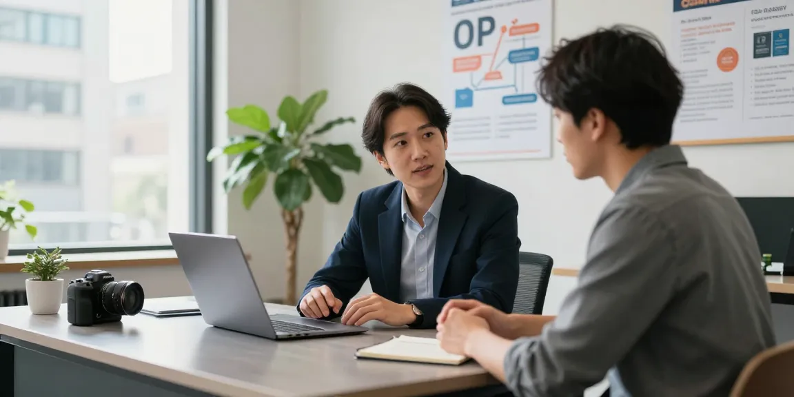 Focused consultation on 오피가이드 services in a modern urban office environment.