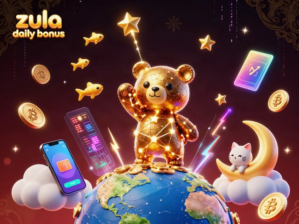 Claim your zula casino daily bonus with vibrant 3D elements showcasing gold coins and cosmic characters.