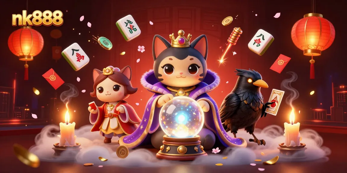 Experience thrilling gameplay with nk888 featuring a mystical cat and a glowing raven in a vibrant casino scene.