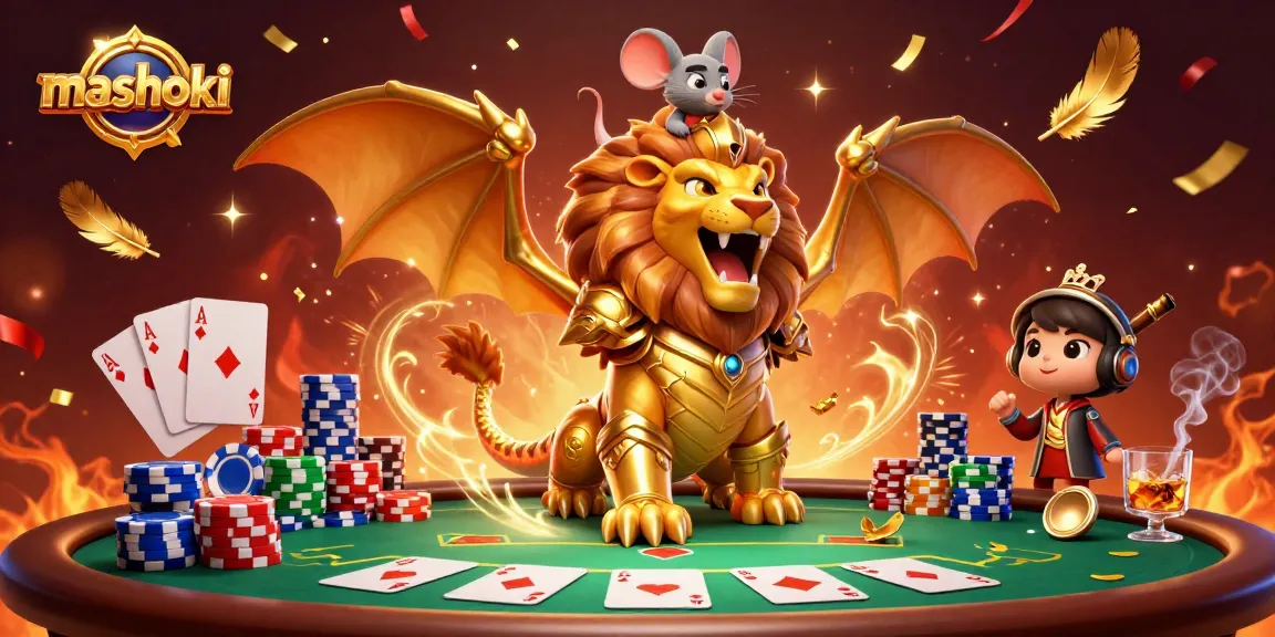 Mashoki showcases a triumphant chimera with poker elements amidst a vibrant casino atmosphere.