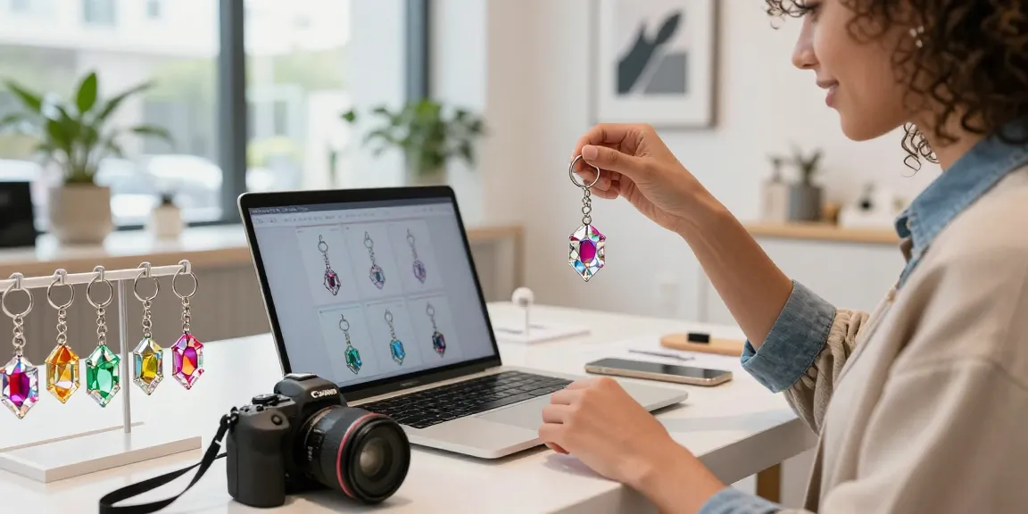 Shopping for a custom diamond keychain in a vibrant retail space filled with various stylish designs.