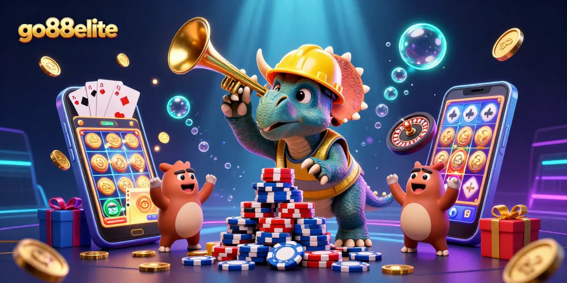 Engage in thrilling casino action with go88elite, featuring cheerful dinosaur characters celebrating gaming wins.