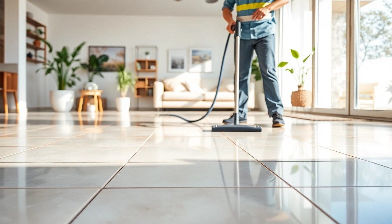 Tile cleaning placer county service with a technician showcasing clean, shimmering tiles.