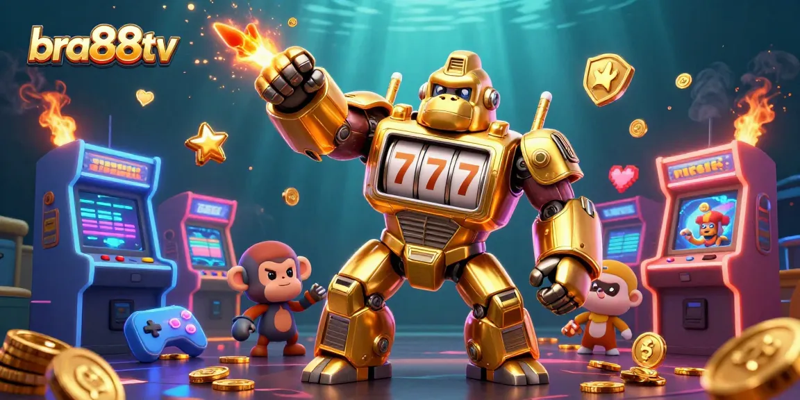 Engage with bra88tv's thrilling casino adventure featuring a golden gorilla mech and vibrant game elements.
