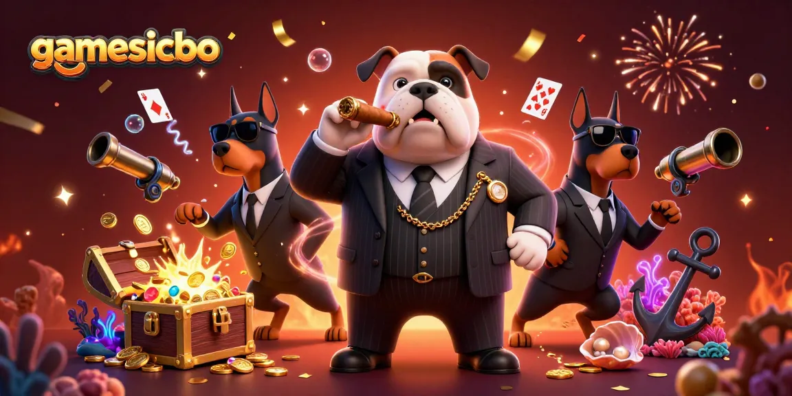 Experience the thrill of gamesicbo with a 3D mafia bulldog and Dobermans amidst gold coins and casino elements.