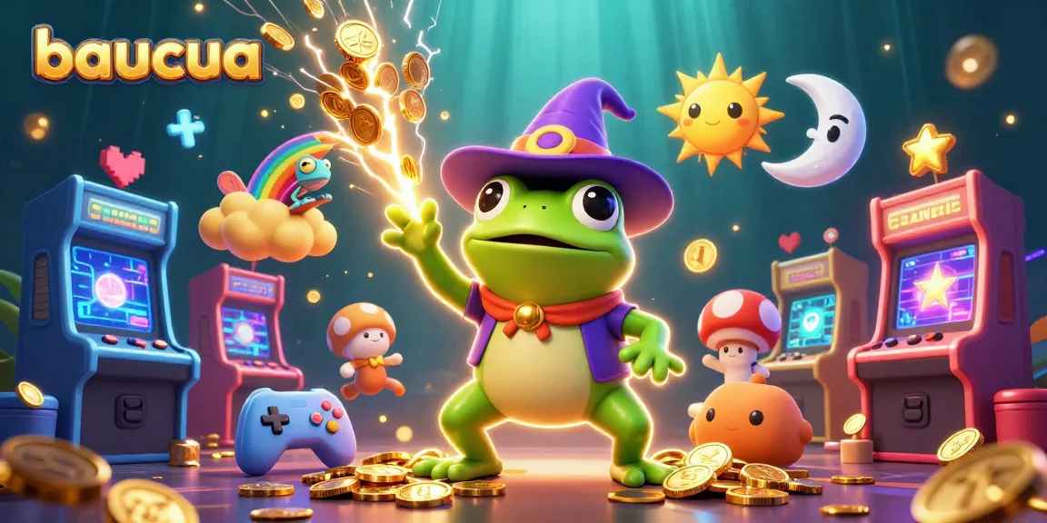Baucua game features a vibrant fantasy scene with a wizard frog, chameleon, and casino-themed elements in 3D.
