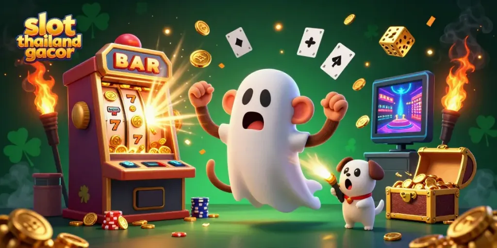 Experience the thrill of slot thailand gacor with a playful scene of a poltergeist monkey and ghost-hunter puppy in a vibrant casino.