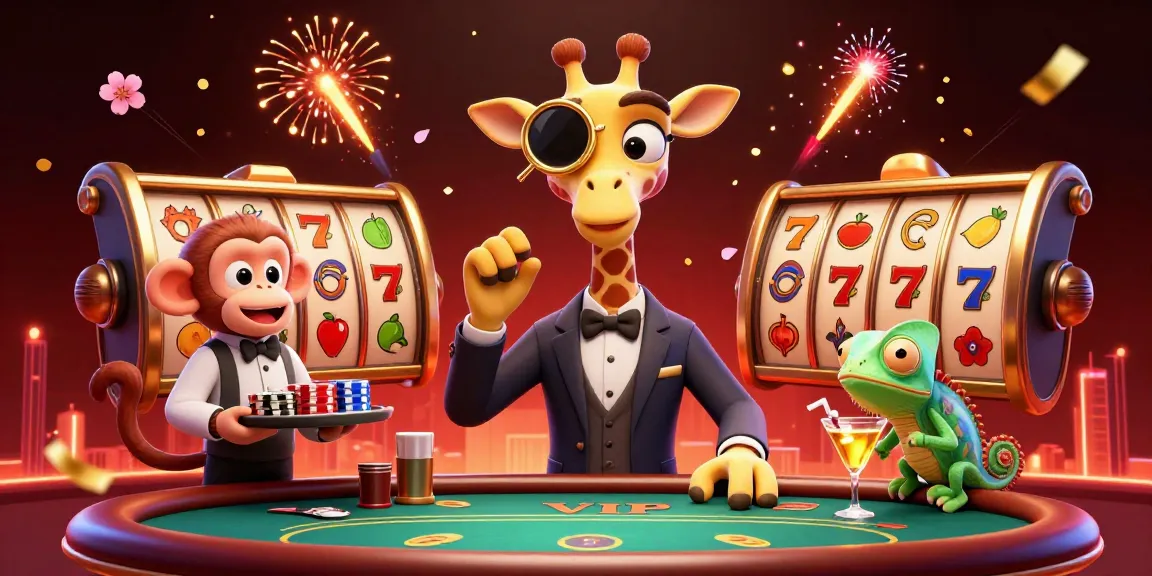 Experience the thrilling 98win casino atmosphere with high-roller giraffes and stacked chips.