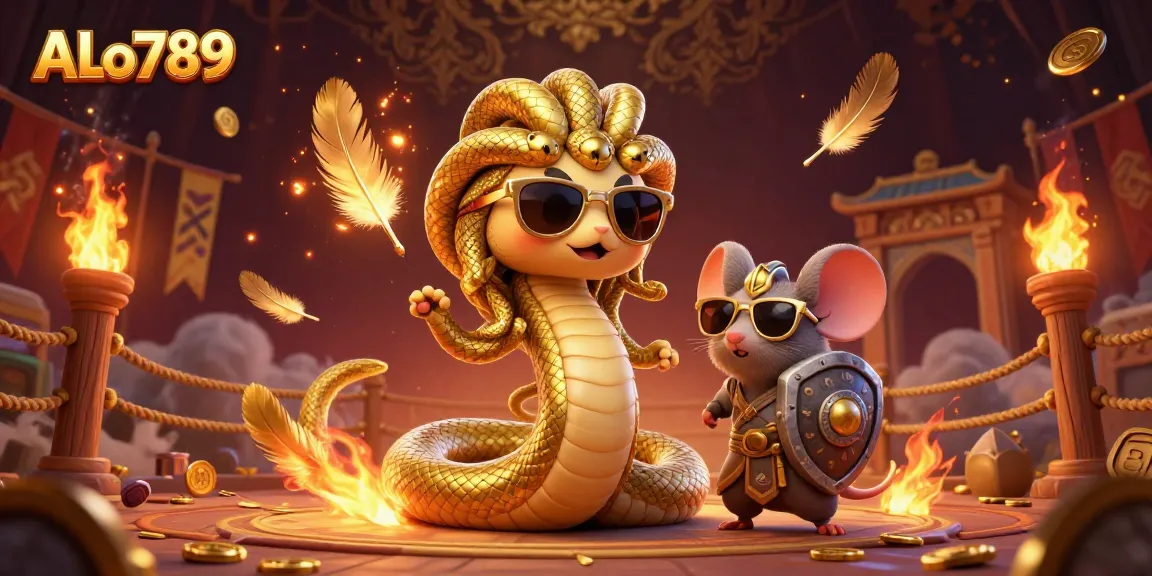 Engage with ALo789's dynamic gaming scene featuring a friendly Medusa and warrior mouse amid a vibrant arena.
