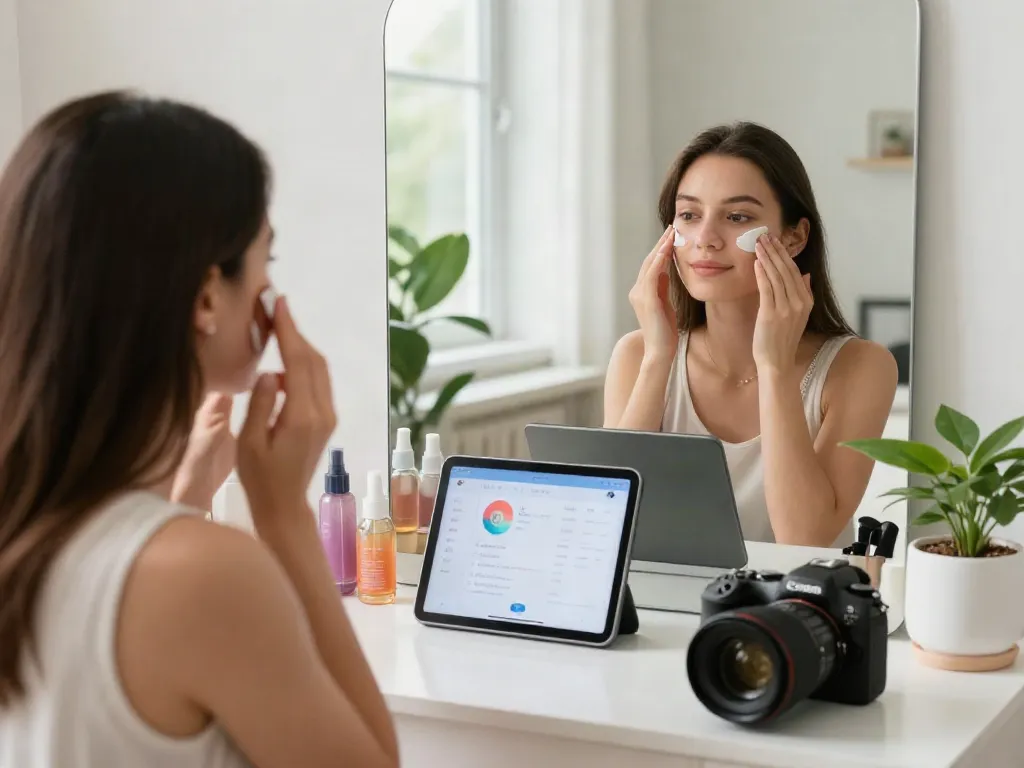 Exploring alternatives to QOVES with skincare analysis app in a modern home.