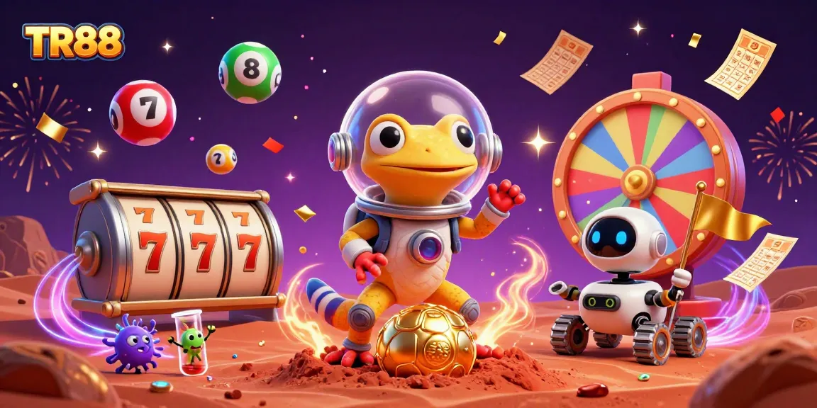 Experience a winning atmosphere at TR88 with a cartoon Martian discovering a vibrant casino scene.