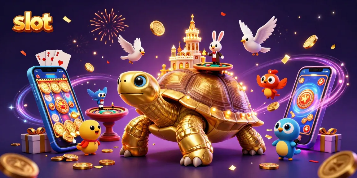 Spin colorful slot games with a giant tortoise casino, vibrant coins, and rabbit dealer.