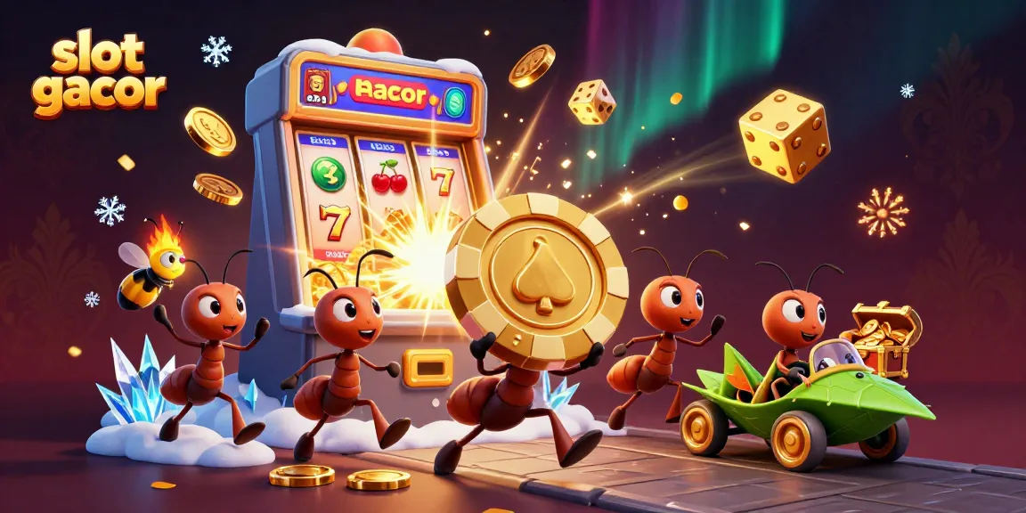 Experience slot gacor excitement as a team of ants heist golden chips in a vibrant 3D casino scene.