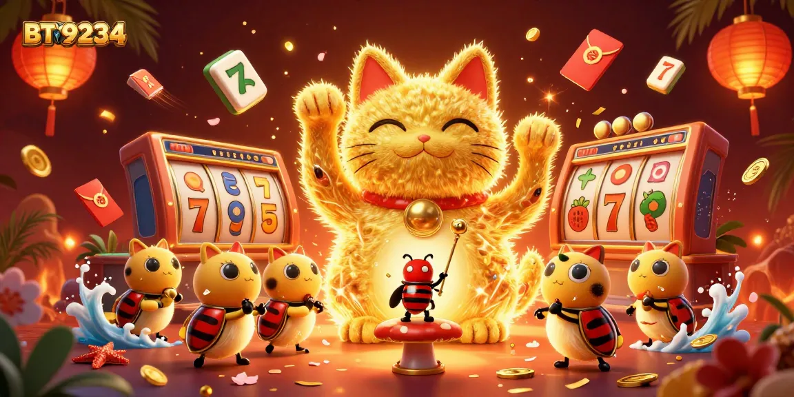 Experience the thrilling world of BTY9234 with a vibrant lucky cat surrounded by casino symbols.