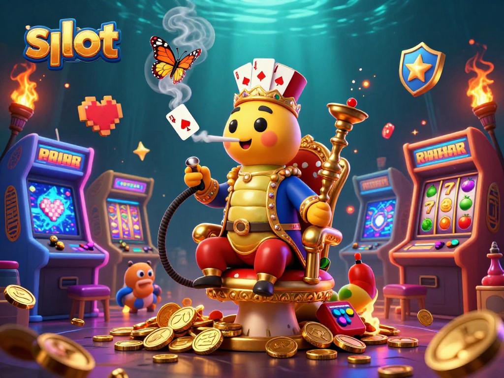 Menggali slot dengan antusias dalam ilustrasi kasino yang penuh warna dan detail, menampilkan simbol buah dan jackpot.