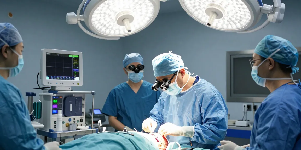 During a beyin tümörü ameliyatı, a surgeon performs critical surgery while a team supports in a bright, advanced operating room.