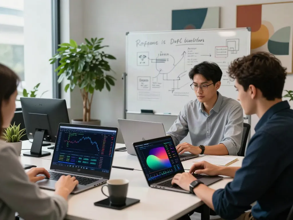 Collaborative crypto trading workspace showcasing real-time data for 量化交易数据接口 with advanced analytics, modern office setting, and innovative tech.