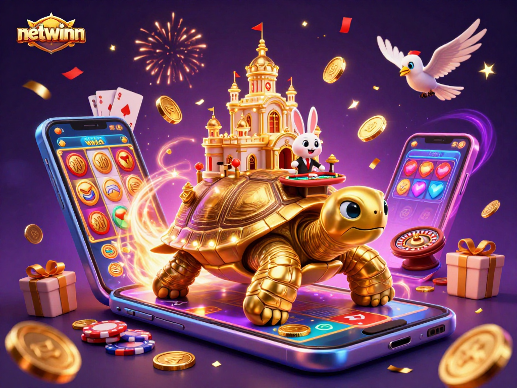 Experience the excitement of netwinn with a vibrant 3D casino scene featuring a golden tortoise and a rabbit dealer.