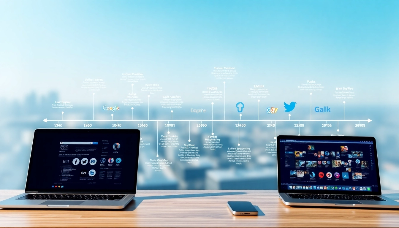 Visual representation of milestones in internet history with key websites and devices.