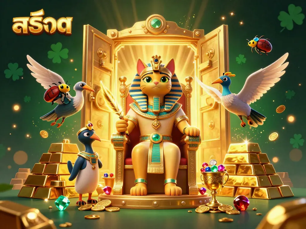Experience the excitement of สล็อต with a dynamic scene featuring a pharaoh cat, treasure, and gems.