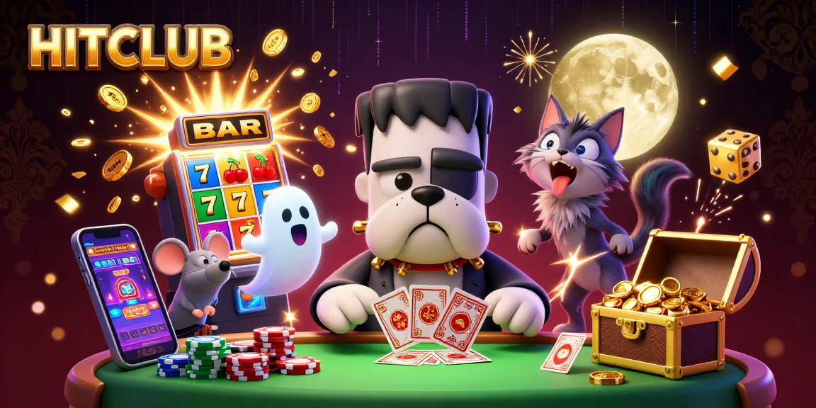 Play cards at HITCLUB with a monstrous dealer and exciting jackpot elements illuminating the scene.