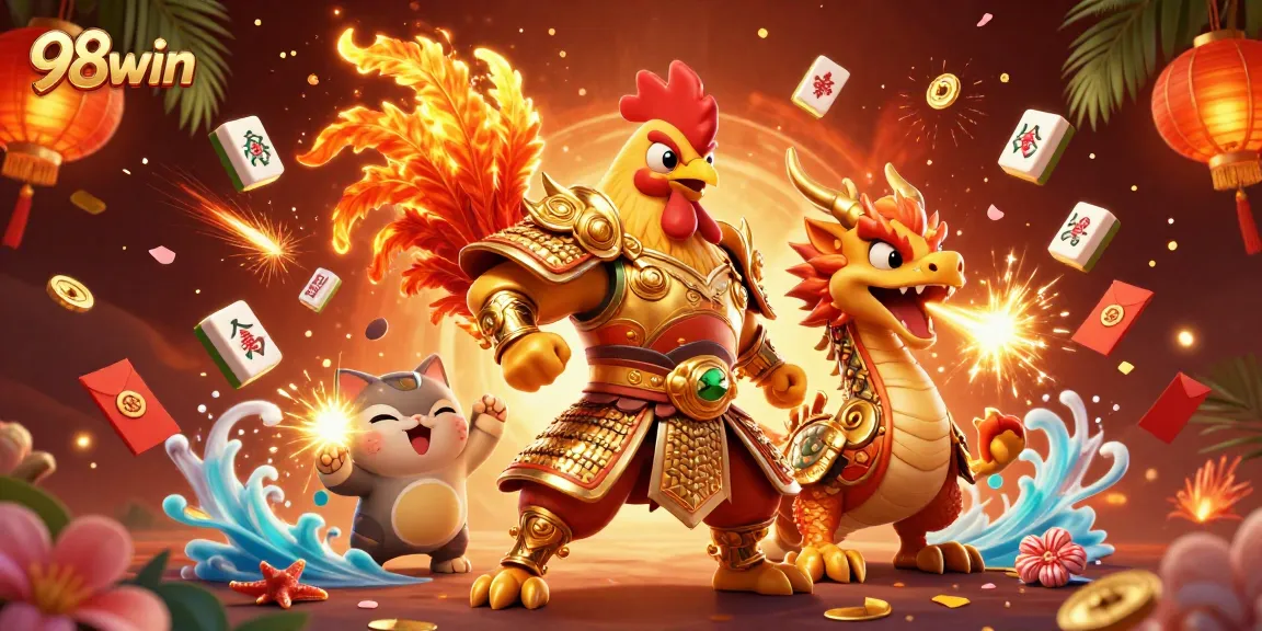 Bet on 98win with a vibrant illustration showcasing a fighting rooster and dragon in a dynamic casino scene.