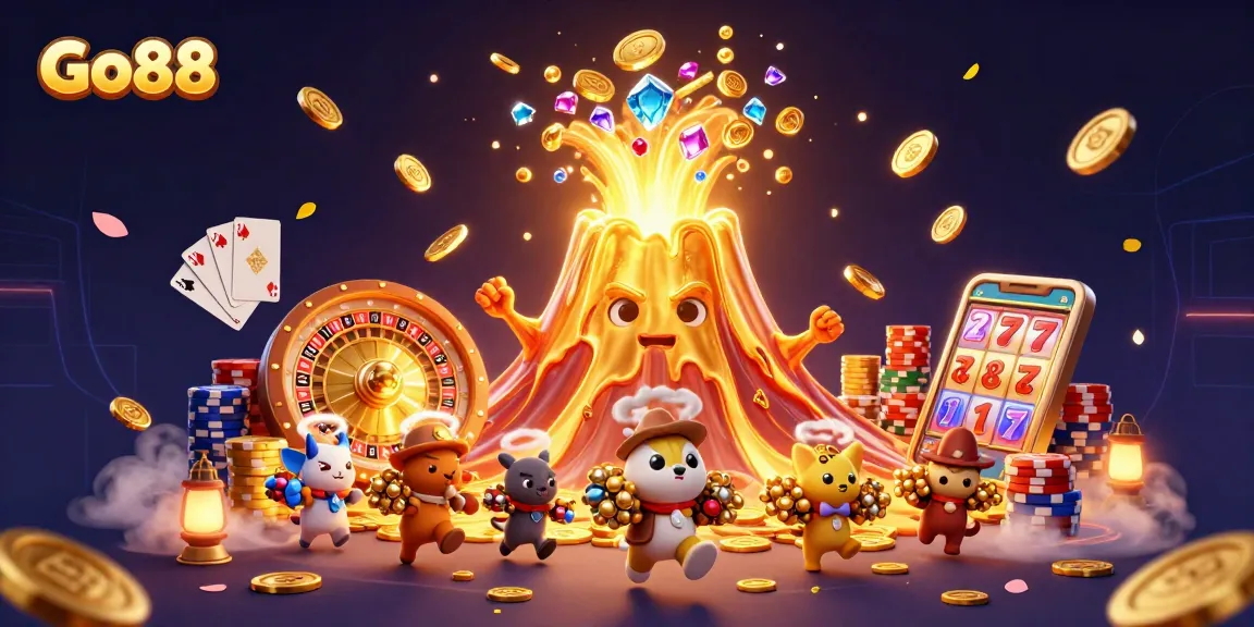 Experience the excitement of Go88 with treasures and thrilling casino elements in a vibrant 3D scene.