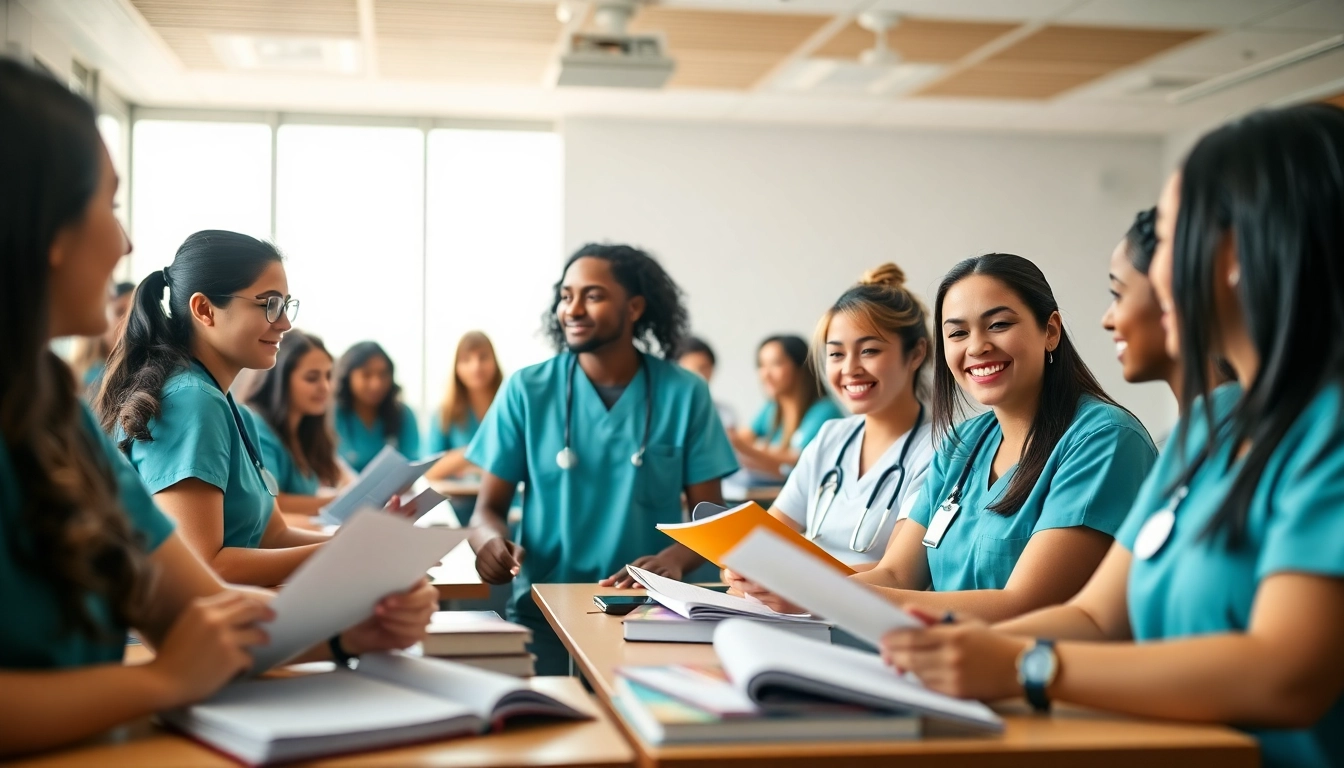 Engaged students at Houston Trusted Nclex review center study for NCLEX success in a bright classroom.