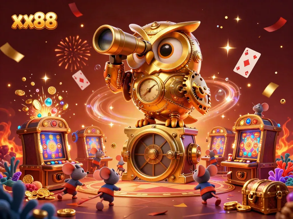 Experience the excitement of xx88 with a massive clockwork owl surveying the casino floor amidst gold and gems.