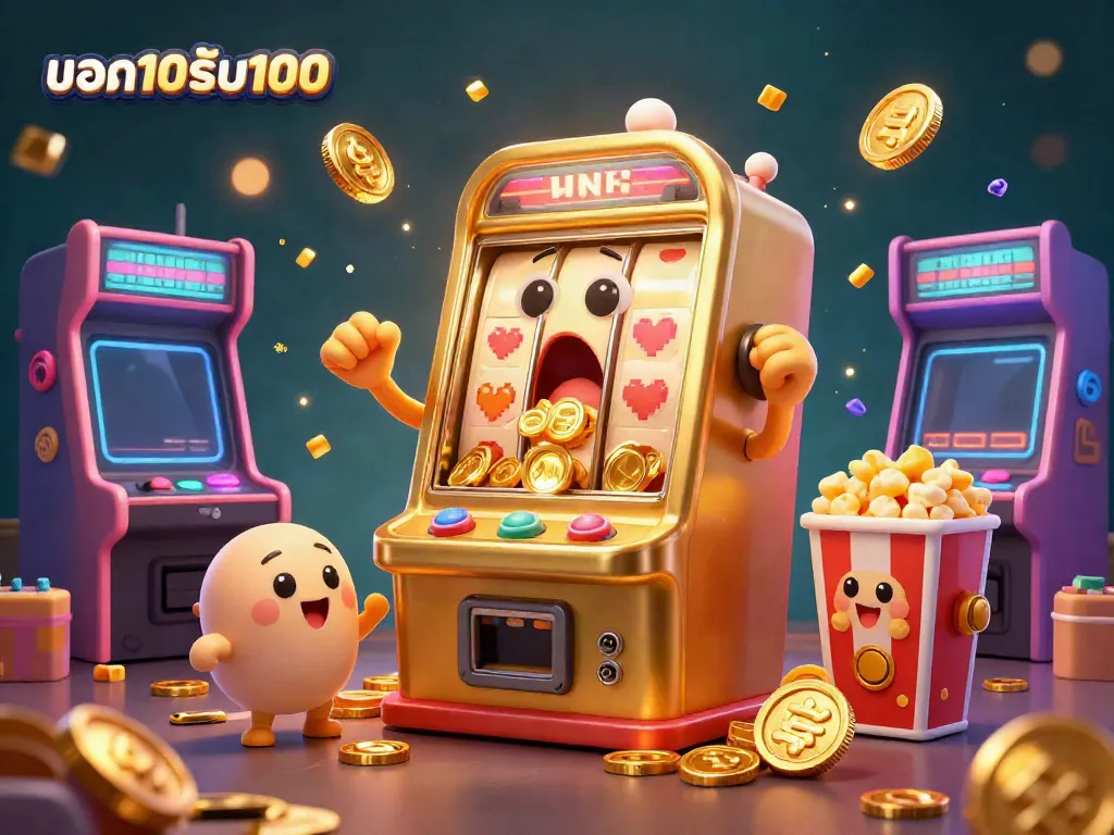 ภาพประกอบที่แสดงถึงโปรโมชั่น ฝาก10รับ100 กับผู้เล่นเครื่องสล็อตทองคำที่ถูก “แจ็คพอต” พร้อมเงินสดที่ไหลออกมา