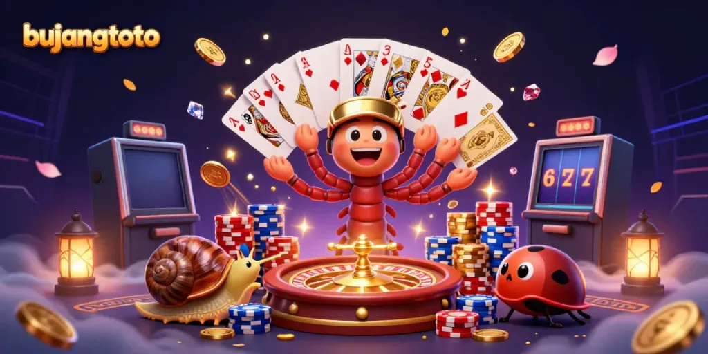 Bujangtoto lively casino scene with a millipede dealer and snail high-roller among casino elements.
