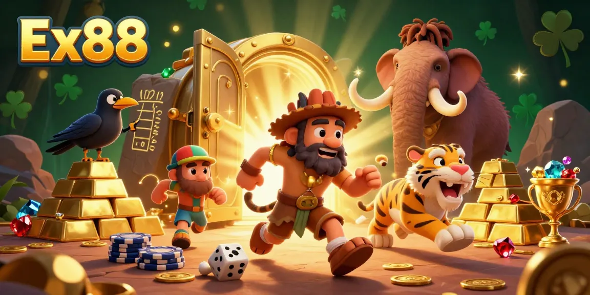Experience the thrill of gambling at Ex88 with a vibrant 3D casino scene featuring unique characters and captivating treasures.