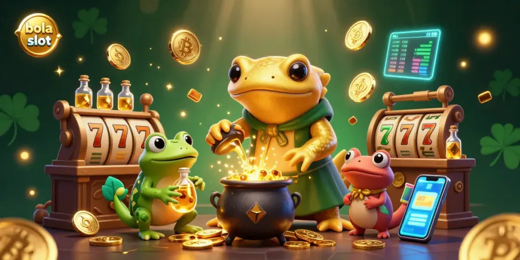 Engage in the thrilling world of bola slot with this vibrant 3D illustration showing a golden salamander alchemist.