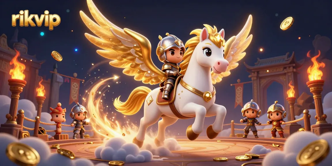 Experience thrilling gameplay at rikvip with a dynamic illustration of an armored knight on a celestial horse amidst a vibrant casino scene.